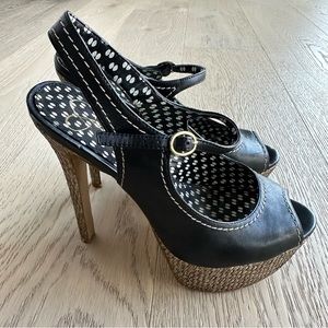 Jessica Simpson Raffia Straw Platform Sandals w/Black Leather Peep Toe